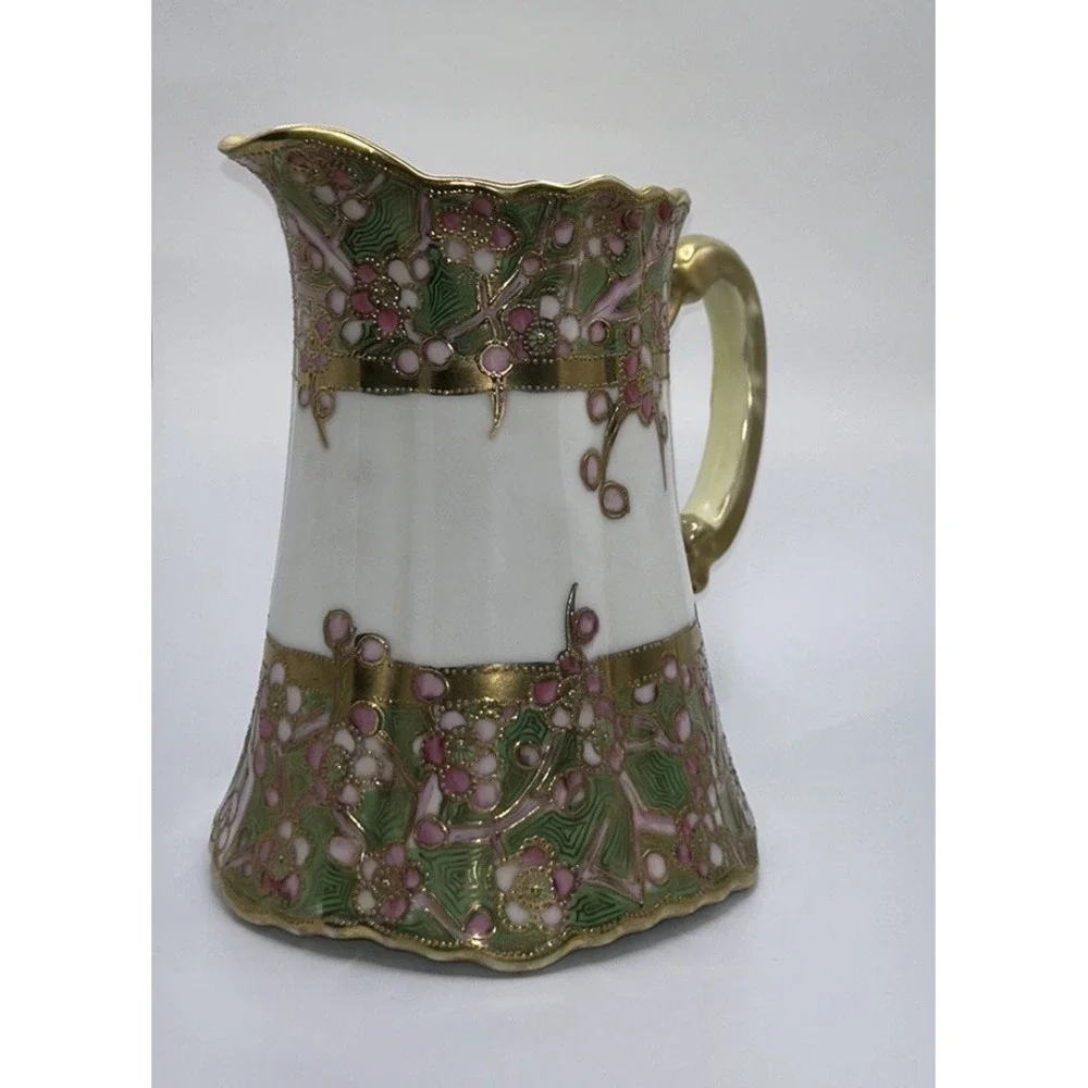 Antique Nippon Hand Painted Moriage Floral Pitcher Gold Gilt‎ Porcelain Cottage